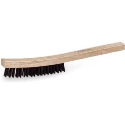 Ability One Scratch Brush: Curved Handle, Carbon Steel, Wood, 6 3/4 In Brush Lg, 13 3/4 In Handle Lg
