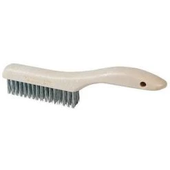 Ability One Scratch Brush: Curved Handle, Stainless Steel, Wood, 5 In Brush Lg, 10 1/2 In Handle Lg